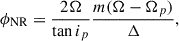 Mathematical equation: $$ \begin{aligned} \phi _{\rm NR}=\frac{2\Omega }{\tan i_p}\frac{m(\Omega -\Omega _p)}{\Delta }, \end{aligned} $$