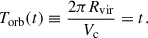 Mathematical equation: $$ \begin{aligned} T_{\mathrm{orb} }(t)\equiv \frac{2\pi R_{\mathrm{vir} }}{V_{\mathrm{c} }}= t.\end{aligned} $$