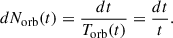 Mathematical equation: $$ \begin{aligned} dN_{\mathrm{orb} }(t) = \frac{dt}{T_{\mathrm{orb} }(t)} = \frac{dt}{t}.\end{aligned} $$