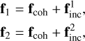 Mathematical equation: $\[\begin{aligned}& \mathbf{f}_1=\mathbf{f}_{\mathrm{coh}}+\mathbf{f}_{\mathrm{inc}}^1, \\& \mathbf{f}_2=\mathbf{f}_{\mathrm{coh}}+\mathbf{f}_{\mathrm{inc}}^2,\end{aligned}\]$