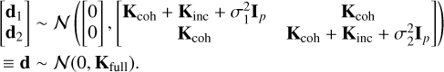 Mathematical equation: $\[\begin{aligned}& {\left[\begin{array}{l}\mathbf{d}_1 \\\mathbf{d}_2\end{array}\right] \sim \mathcal{N}\left(\left[\begin{array}{l}0 \\0\end{array}\right],\left[\begin{array}{cc}\mathbf{K}_{\mathrm{coh}}+\mathbf{K}_{\mathrm{inc}}+\sigma_1^2 \mathbf{I}_p & \mathbf{K}_{\mathrm{coh}} \\\mathbf{K}_{\mathrm{coh}} & \mathbf{K}_{\mathrm{coh}}+\mathbf{K}_{\mathrm{inc}}+\sigma_2^2 \mathbf{I}_p\end{array}\right]\right)} \\& \equiv \mathbf{d} \sim \mathcal{N}\left(0, \mathbf{K}_{\mathrm{full}}\right).\end{aligned}\]$