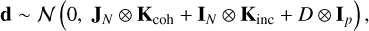 Mathematical equation: $\[\mathbf{d} \sim \mathcal{N}\left(0, \mathbf{J}_N \otimes \mathbf{K}_{\mathrm{coh}}+\mathbf{I}_N \otimes \mathbf{K}_{\mathrm{inc}}+D \otimes \mathbf{I}_p\right),\]$