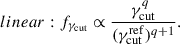 Mathematical equation: $$ \begin{aligned} {linear}: {f_{\gamma _{\rm cut}}} \propto \frac{\gamma _{\rm cut}^{q}}{(\gamma _{\mathrm{cut}}^\mathrm{ref})^{q+1}}. \end{aligned} $$