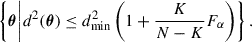 Mathematical equation: $$ \begin{aligned} \left\{ \boldsymbol{\theta } \bigg | d^2(\boldsymbol{\theta }) \le d^2_{\rm {min}} \left( 1 + \frac{K}{N-K}F_\alpha \right)\right\} . \end{aligned} $$