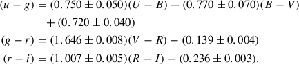 Mathematical equation: $$ \begin{aligned} (u-g)&= (0.750 \pm 0.050)(U-B) + (0.770 \pm 0.070)(B-V) \nonumber \\&\quad + (0.720 \pm 0.040) \\ (g-r)&= (1.646 \pm 0.008)(V-R) - (0.139 \pm 0.004) \\ (r-i)&= (1.007 \pm 0.005)(R-I) - (0.236 \pm 0.003). \end{aligned} $$