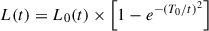 Mathematical equation: $$ \begin{aligned} L(t)=L_0(t) \times \left[1-e^{-\left(T_0 / t\right)^2}\right] \end{aligned} $$