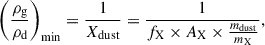 Mathematical equation: $$ \begin{aligned} \left(\frac{\rho _{\mathrm{g} }}{\rho _{\mathrm{d} }}\right)_{\mathrm{min} } = \frac{1}{X_{\mathrm{dust} }} = \frac{1}{f_{\mathrm{X} } \times A_{\mathrm{X} } \times \frac{m_{\mathrm{dust} }}{m_{\mathrm{X} }}}, \end{aligned} $$