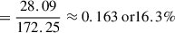 Mathematical equation: $$ \begin{aligned}&= \frac{28.09}{172.25} \approx 0.163 \text{ or} 16.3\% \end{aligned} $$