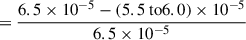Mathematical equation: $$ \begin{aligned}&= \frac{6.5 \times 10^{-5} - (5.5 \text{ to} 6.0) \times 10^{-5}}{6.5 \times 10^{-5}} \end{aligned} $$