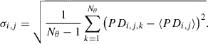Mathematical equation: $$ \begin{aligned} \sigma _{i, j} = \sqrt{\frac{1}{N_{\theta } - 1} \sum _{k=1}^{N_{\theta }} \left( PD_{i, j, k} - \langle PD_{i, j} \rangle \right)^2 }. \end{aligned} $$
