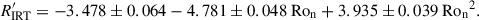 Mathematical equation: $$ \begin{aligned} R^\prime _{\rm IRT} = -3.478\pm 0.064 - 4.781\pm 0.048 \ \mathrm{Ro_n} + 3.935\pm 0.039 \ \mathrm{Ro_n} ^2. \end{aligned} $$
