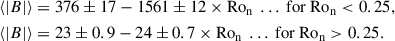 Mathematical equation: $$ \begin{aligned} \langle |B|\rangle&= 376 \pm 17 - 1561 \pm 12 \times \mathrm{Ro_n} \ \ldots \ \mathrm{for} \ \mathrm{Ro_n} < 0.25, \nonumber \\ \langle |B|\rangle&= 23 \pm 0.9 - 24 \pm 0.7 \times \mathrm{Ro_n} \ \ldots \ \mathrm{for} \ \mathrm{Ro_n} >0.25. \end{aligned} $$