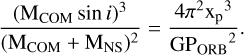 Mathematical equation: ${{{{\left( {{{\rm{M}}_{{\rm{COM}}}}\sin i} \right)}^3}} \over {{{\left( {{{\rm{M}}_{{\rm{COM}}}} + {{\rm{M}}_{{\rm{NS}}}}} \right)}^2}}} = {{4{\pi ^2}{\rm{x}}_{\rm{p}}^3} \over {{\rm{GP}}_{{\rm{ORB}}}^2}}.$