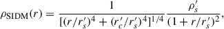 Mathematical equation: $$ \begin{aligned} \rho _{\rm SIDM}(r) = \frac{1}{[(r/r_s^{\prime })^4+(r_c^{\prime }/r_s^{\prime })^4]^{1/4}}\frac{\rho ^{\prime }_s}{(1+r/r_s^{\prime })^2}, \end{aligned} $$