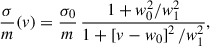 Mathematical equation: $$ \begin{aligned} \frac{\sigma }{m}(v)=\frac{\sigma _0}{m}\,\frac{1+w_0^2/w_1^2}{1+\left[v-w_0\right]^2/w_1^2}, \end{aligned} $$