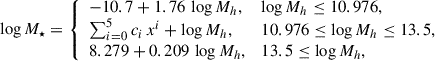 Mathematical equation: $$ \begin{aligned} \log M_\star = {\left\{ \begin{array}{ll} -10.7 + 1.76\, \log M_h ,&\log M_h \le 10.976,\\ \sum _{i = 0}^5c_i\,x^i+\log M_h,&10.976 \le \log M_h \le 13.5, \\ 8.279 + 0.209\,\log M_h,&13.5 \le \log M_h, \end{array}\right.} \end{aligned} $$