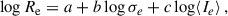 Mathematical equation: $$ \begin{aligned} \log {R_{\rm e}} = a + b \log {\sigma _e} +c\log \langle {I_e}\rangle \,, \end{aligned} $$