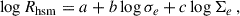 Mathematical equation: $$ \begin{aligned} \log {R_{\rm hsm}} = a + b \log {\sigma _e} +c\log {\Sigma _e}\,, \end{aligned} $$
