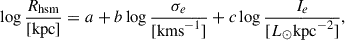 Mathematical equation: $$ \begin{aligned} \log \frac{R_{\rm hsm}}{[\mathrm{kpc} ]} = a + b \log \frac{\sigma _e}{[\mathrm {km s}^{-1} ]} +c\log \frac{I_e}{[L_{\odot }\mathrm {kpc}^{-2} ]}, \end{aligned} $$