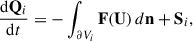 Mathematical equation: $$ \begin{aligned} \frac{\mathrm{d}\mathbf Q _i}{\mathrm{d}t}&= -\int _{\partial V_i}\mathbf F (\mathbf U )\,d\mathbf n + \mathbf S _i, \end{aligned} $$