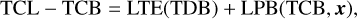 Mathematical equation: ${\rm{TCL--TCB = LTE(TDB) + LPB(TCB,}}{\bf{x}}{\rm{),}}$