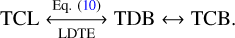 Mathematical equation: ${\rm{TCL}}\mathop \leftrightarrow \limits_{{\rm{LDTE}}}^{{\rm{Eq}}{\rm{.}}\,\,(10)} {\rm{TDB}} \leftrightarrow {\rm{TCB}}.$