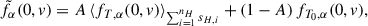 Mathematical equation: $$ \begin{aligned} \tilde{f}_{\alpha }(0,v) = A\, \langle f_{T,\alpha }(0,v) \rangle _{\sum _{i = 1}^{n_H} s_{H,i}} + (1 - A)\, f_{T_0,\alpha }(0,v) , \end{aligned} $$