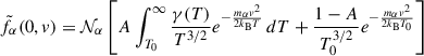 Mathematical equation: $$ \begin{aligned} \tilde{f}_{\alpha }(0,v) = \mathcal{N} _{\alpha } \left[ A \int _{T_0}^{\infty } \frac{\gamma (T)}{T^{3/2}} e^{-\frac{m_{\alpha }v^2}{2k_{\rm B} T}} \, dT + \frac{1 - A}{T_0^{3/2}} e^{-\frac{m_{\alpha }v^2}{2k_{\rm B} T_0}} \right] \end{aligned} $$