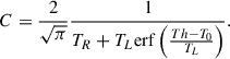 Mathematical equation: $$ \begin{aligned} C = \frac{2}{\sqrt{\pi }} \frac{1}{T_R + T_L \mathrm{erf} \left(\frac{Th-T_0}{T_L}\right)} . \end{aligned} $$