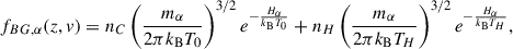 Mathematical equation: $$ \begin{aligned} f_{BG,\alpha }(z,v) = n_C \left(\frac{m_{\alpha }}{2\pi k_{\rm B} T_0}\right)^{3/2} e^{-\frac{H_{\alpha }}{k_{\rm B} T_0}} + n_H \left(\frac{m_{\alpha }}{2\pi k_{\rm B} T_H}\right)^{3/2} e^{-\frac{H_{\alpha }}{k_{\rm B} T_H}} , \end{aligned} $$