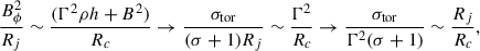 Mathematical equation: $$ \begin{aligned} \frac{B_{\phi }^2}{R_j} \sim \frac{(\Gamma ^2\rho h +B^2)}{R_c} \rightarrow \frac{\sigma _{\mathrm{tor} }}{(\sigma +1) R_j} \sim \frac{\Gamma ^2}{R_c} \rightarrow \frac{\sigma _{\mathrm{tor} }}{\Gamma ^2(\sigma +1)} \sim \frac{R_j}{R_c}, \end{aligned} $$