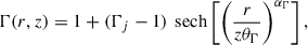 Mathematical equation: $$ \begin{aligned} \Gamma (r, z) = 1 + (\Gamma _j - 1)\, {\text{ sech}}\left[\left(\frac{r}{z \theta _\Gamma }\right)^{\alpha _\Gamma }\right], \end{aligned} $$