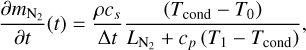 Mathematical equation: \frac{\partial m_{\rm{N}_2}}{\partial t}(t) = \frac{\rho c_s}{\Delta t} \frac{ \left(T_{\rm{cond}} - T_0 \right)}{L_{\rm{N}_2}+c_p \left(T_1 - T_{\rm{cond}} \right)}