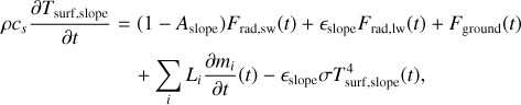 Mathematical equation: \begin{aligned} \rho c_s \frac{\partial T_{\rm{surf,slope}}}{\partial t} &= (1-A_{\rm{slope}}) F_{\rm{rad,sw}}(t) + \epsilon_{\rm{slope}} F_{\rm{rad,lw}}(t) + F_{\rm{ground}}(t) \\ &\quad + \sum_{i}L_i\frac{\partial m_i}{\partial t}(t) - \epsilon_{\rm{slope}} \sigma T_{\rm{surf,slope}}^4(t), \end{aligned}