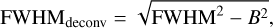 Mathematical equation: $\[\mathrm{FWHM}_{\text {deconv }}=\sqrt{\mathrm{FWHM}^2-B^2},\]$