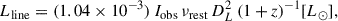 Mathematical equation: $$ \begin{aligned} L_{\rm line} = (1.04 \times 10^{-3})\,I_{\rm obs}\, \nu _{\rm rest}\,D^{2}_{L}\,(1+\textit{z})^{-1} [L_{\odot }], \end{aligned} $$