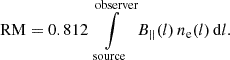 Mathematical equation: $$ \begin{aligned} \mathrm{RM} = 0.812 \int \limits _{\rm source}^\mathrm{observer} B_{||}(l)\, n_{\rm e}(l)\, \mathrm{d}l. \end{aligned} $$