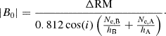 Mathematical equation: $$ \begin{aligned} |B_{0}| = \frac{\Delta \mathrm{RM}}{0.812 \cos (i) \left(\frac{N_{\rm e,B}}{h_{\rm B}}+\frac{N_{\rm e,A}}{h_{\rm A}}\right)}\cdot \end{aligned} $$