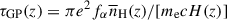 Mathematical equation: $ \tau_{\mathrm{GP}}(z) = \pi e^2 f_\alpha \overline{n}_{\mathrm{H}}(z)/[m_{\mathrm{e}} c H(z)] $