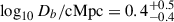 Mathematical equation: $ \log_{10}D_b/\mathrm{cMpc} = 0.4^{+0.5}_{-0.4} $