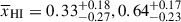 Mathematical equation: $ \overline{x}_{{\small { {\text{HI}}}}} = 0.33^{+0.18}_{-0.27}, 0.64^{+0.17}_{-0.23} $