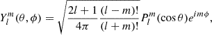 Mathematical equation: $$ \begin{aligned} Y_l^m(\theta , \phi ) = \sqrt{\frac{2l+1}{4\pi } \frac{(l-m)!}{(l+m)!}} P_l^m(\cos \theta ) e^{im\phi }, \end{aligned} $$