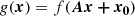 Mathematical equation: $$ \begin{aligned} g(\boldsymbol{x}) = f(\boldsymbol{ A x + x_0}) \end{aligned} $$