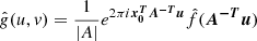 Mathematical equation: $$ \begin{aligned} \hat{g}(u,v) = \frac{1}{|A|} e^{2\pi i \boldsymbol{x_0^T A^{-T} u}} \hat{f}(\boldsymbol{A^{-T} u}) \end{aligned} $$