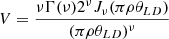 Mathematical equation: $$ \begin{aligned} V&= \frac{ \nu \Gamma (\nu ) 2^{\nu } J_{\nu }(\pi \rho \theta _{LD}) }{(\pi \rho \theta _{LD})^{\nu }} \end{aligned} $$