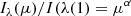Mathematical equation: $$ \begin{aligned} I_\lambda (\mu )/I(\lambda (1) = \mu ^\alpha \end{aligned} $$