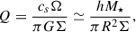 Mathematical equation: $$ Q=\frac{c_s\Omega }{\pi G\Sigma }\simeq \frac{hM_\star }{\pi R^2\Sigma }, $$