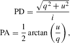 Mathematical equation: $$ \begin{aligned} \mathrm{PD} = \frac{\sqrt{q^2+u^2}}{i}\\ \mathrm{PA} = \frac{1}{2} \arctan \left(\frac{u}{q} \right), \end{aligned} $$