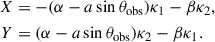 Mathematical equation: $$ \begin{aligned} X&= - (\alpha -a \sin \theta _\mathrm{obs} )\kappa _1 - \beta \kappa _2, \nonumber \\ Y&= (\alpha -a \sin \theta _\mathrm{obs} )\kappa _2 - \beta \kappa _1 . \end{aligned} $$