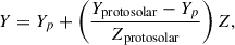 Mathematical equation: $$ Y = Y_p + \left( \frac{Y_{\rm protosolar} - Y_p}{Z_{\rm protosolar}} \right) Z, $$